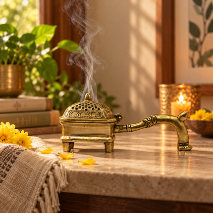 Handcrafted Brass Incense Burner with Perforated Lid & Sculpted Handle