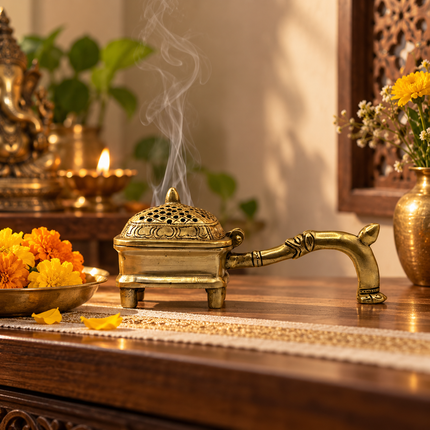 Handcrafted Brass Incense Burner with Perforated Lid & Sculpted Handle