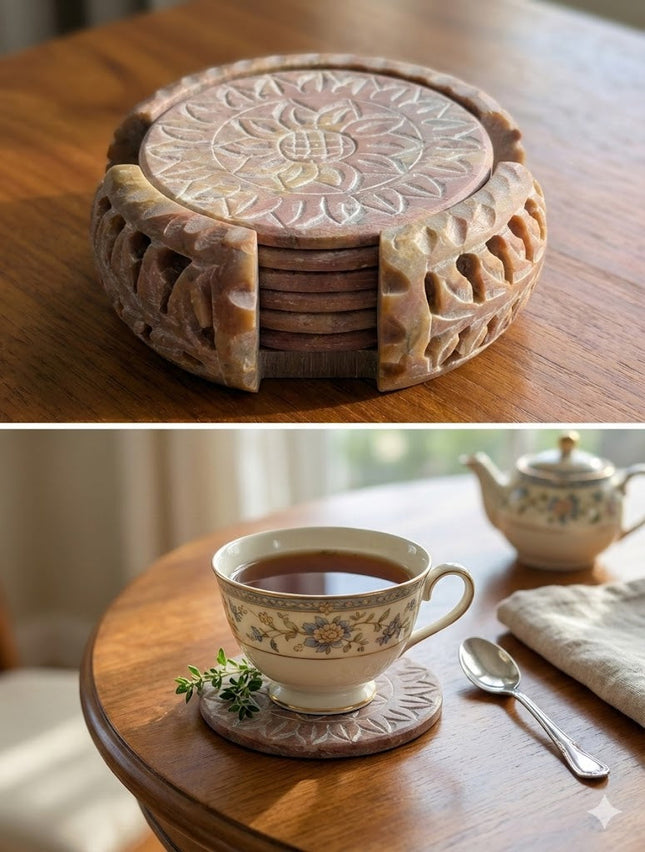 Hand-Carved Sunflower Marble Coaster Set – One-of-One Artisan Masterpiece - Handcrafted Indian Home Decor