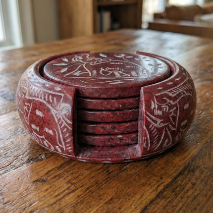 Handmade marble coaster set – Elegant Elephant Motif Marble Coaster Set by The Ganges