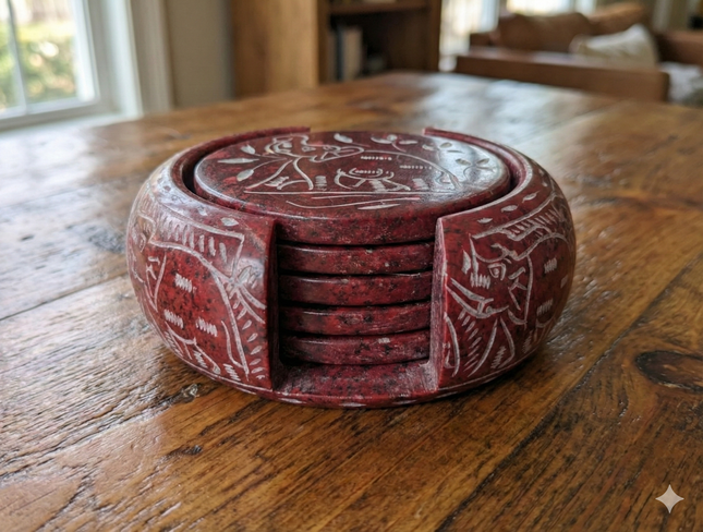 Handmade marble coaster set – Elegant Elephant Motif Marble Coaster Set by The Ganges