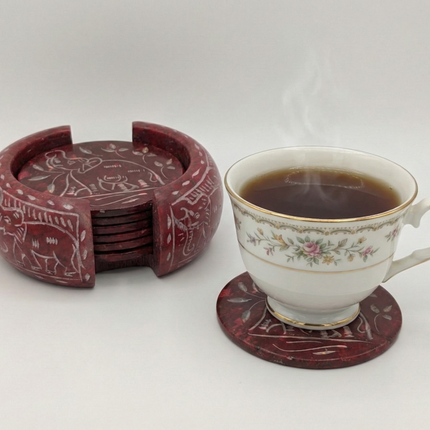 Elegant Elephant Motif Marble Coaster Set — Handmade Indian Artisanal
