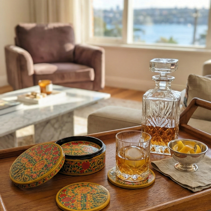 Classic Kashmiri Papier-Mâché Coaster Set — Handmade Indian Artisanal