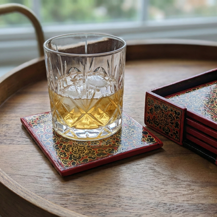 Regal Kashmiri Papier-Mâché Coaster Set (Square) — Handmade Indian Artisanal
