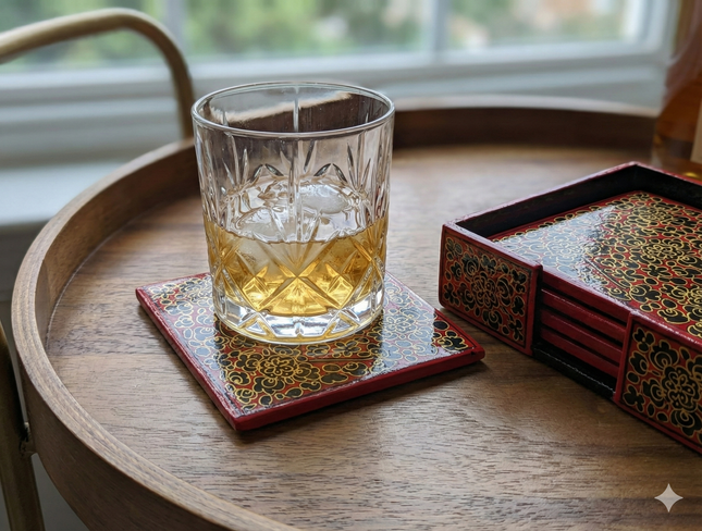 Regal Kashmiri Papier-Mâché Coaster Set (Square) — Handmade Indian Artisanal