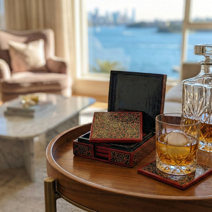 Regal Kashmiri Papier-Mâché Coaster Set (Square) — Handmade Indian Artisanal