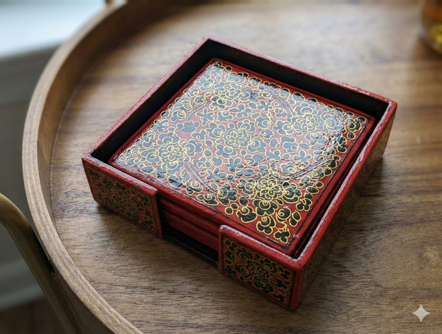 Handmade papier-mâché coaster set – Square Kashmiri Papier-Mâché Coaster Set by The Ganges