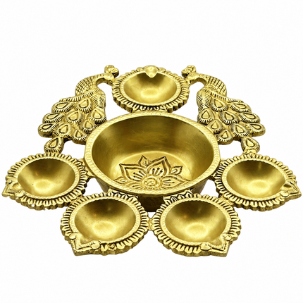 Handcrafted Brass Peacock Floral Diya – Five-Wick Oil Lamp for Pooja & Diwali