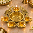 Handcrafted Brass Peacock Floral Diya – Five-Wick Oil Lamp for Pooja & Diwali