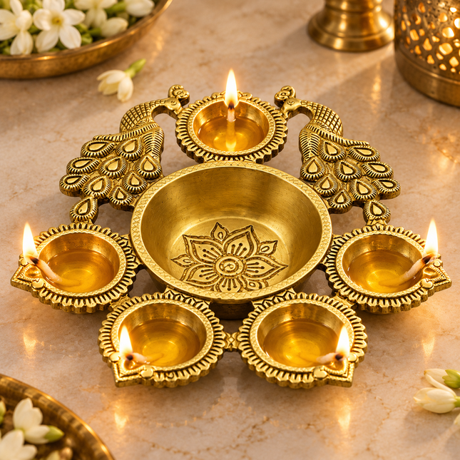 Handcrafted Brass Peacock Floral Diya – Five-Wick Oil Lamp for Pooja & Diwali