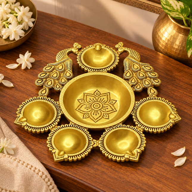 Handcrafted Brass Peacock Floral Diya – Five-Wick Oil Lamp for Pooja & Diwali