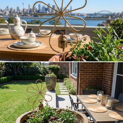 Graceful Flower & Bell Garden Stake — Handmade Indian Artisanal