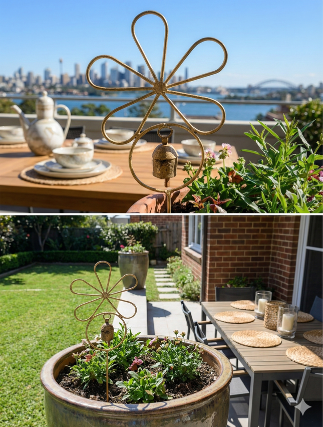 Graceful Flower & Bell Garden Stake — Handmade Indian Artisanal