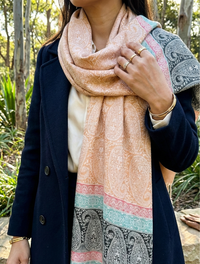 Authentic Cashmere Shawl — Saffron Paisley with Multicolour Paisley Border