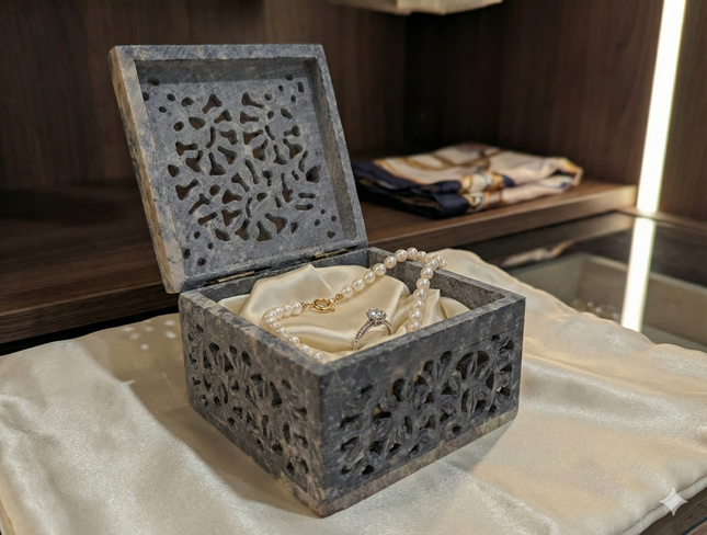 Exquisite Hand-Carved Marble Jewellery Box — Handmade Indian Artisanal