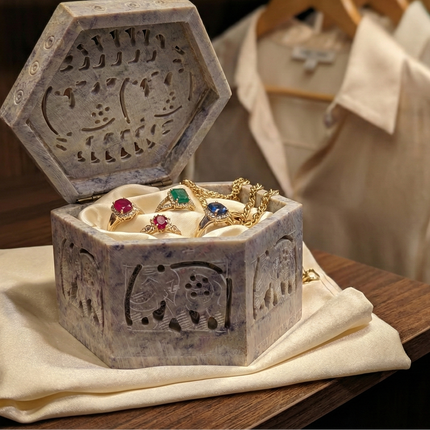 Hand-Carved Hexagonal Marble Jewellery Box · Where Rajasthan's Stone Legacy Holds Your Treasures
