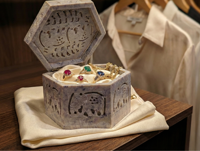 Hand-Carved Hexagonal Marble Jewellery Box · Where Rajasthan's Stone Legacy Holds Your Treasures