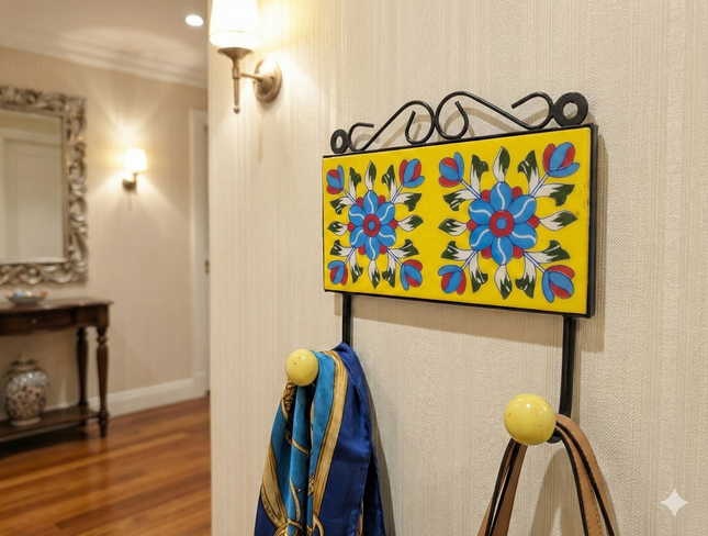 Vibrant Ceramic Double Hanger Hook — Handmade Indian Artisanal