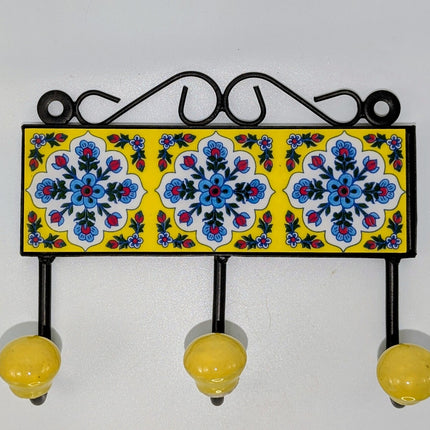 Vibrant Triple Ceramic Hook - Hand-Painted Indian Wall Hanger