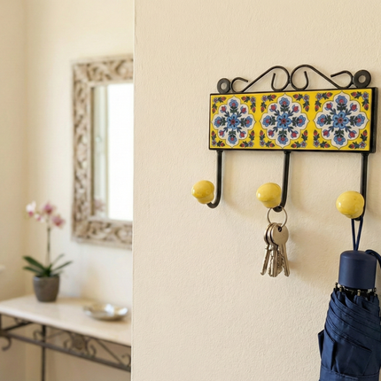 Vibrant Triple Ceramic Hook - Hand-Painted Indian Wall Hanger