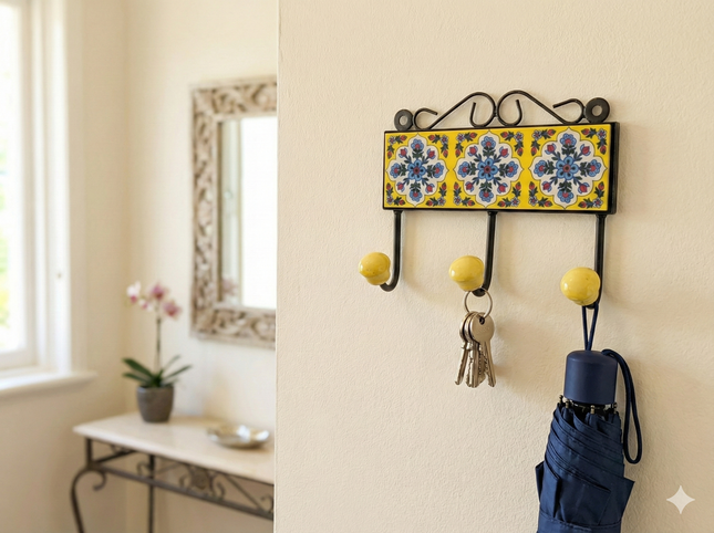 Vibrant Triple Ceramic Hook - Hand-Painted Indian Wall Hanger