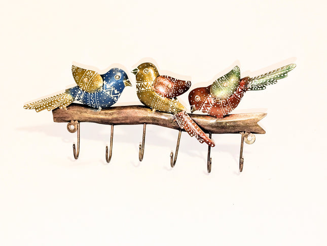 Eye-catching Hand-Painted Metal Bird Hook Rail - Colourful Indian Wall Art