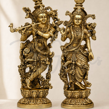 Handmade Solid Brass Radha Krishna Statue Pair - 14" / 35.5cm, 7.0kg | Indian Temple Art Sculpture