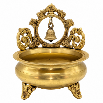 Ornate Tabletop Prabhavali Urli with Temple Bell Backdrop