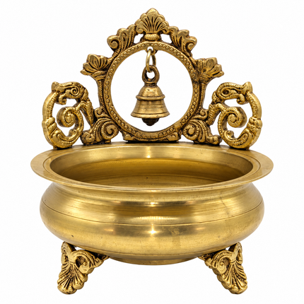 Ornate Tabletop Prabhavali Urli with Temple Bell Backdrop