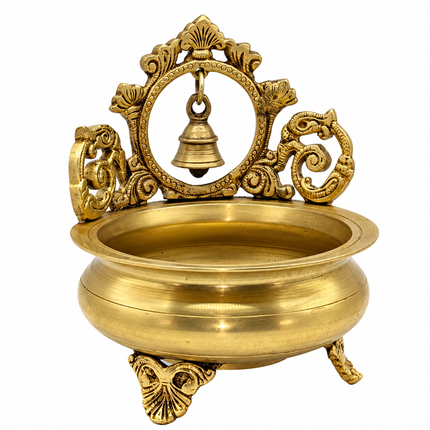 Ornate Tabletop Prabhavali Urli with Temple Bell Backdrop
