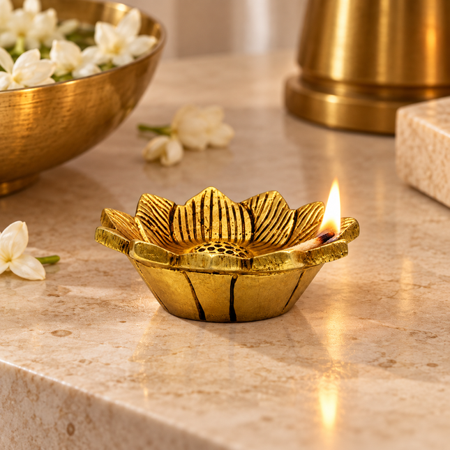 Handcrafted Brass Lotus Diya – Oil Lamp for Pooja & Diwali