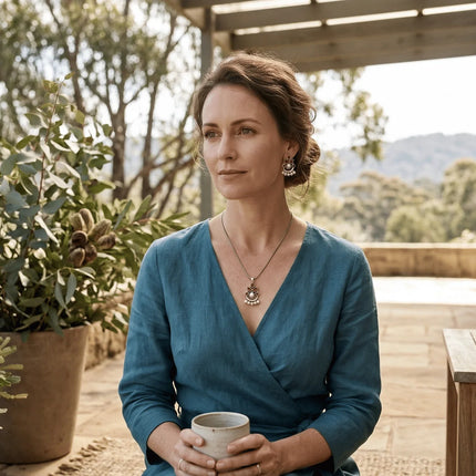 Woman in a blue dress sitting on a wooden deck holding a cup, surrounded by plants.