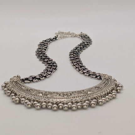 Crescent Bib Choker Necklace in Oxidised German Silver – Floral Engraving and Ghungroo Drops