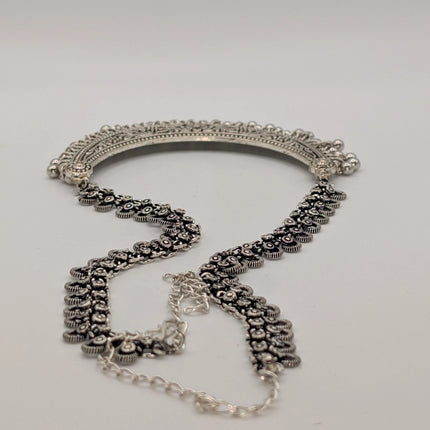 Crescent Bib Choker Necklace in Oxidised German Silver – Floral Engraving and Ghungroo Drops