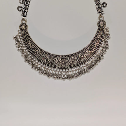 Crescent Bib Choker Necklace in Oxidised German Silver – Floral Engraving and Ghungroo Drops