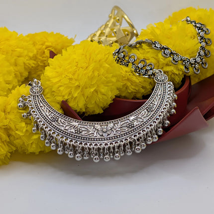 Crescent Bib Choker Necklace in Oxidised German Silver – Floral Engraving and Ghungroo Drops