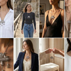 Collage of a woman wearing a silver necklace in various outfits.