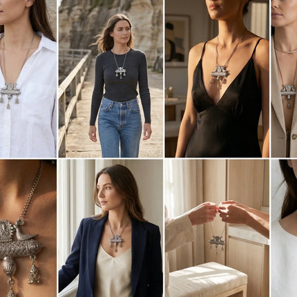 Collage of a woman wearing a silver necklace in various outfits.
