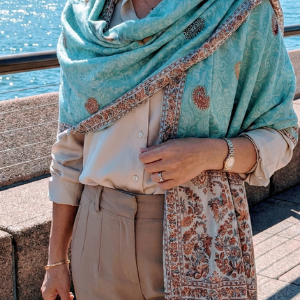 Authentic Cashmere Shawl-Artisanal-Blue Floral Pattern