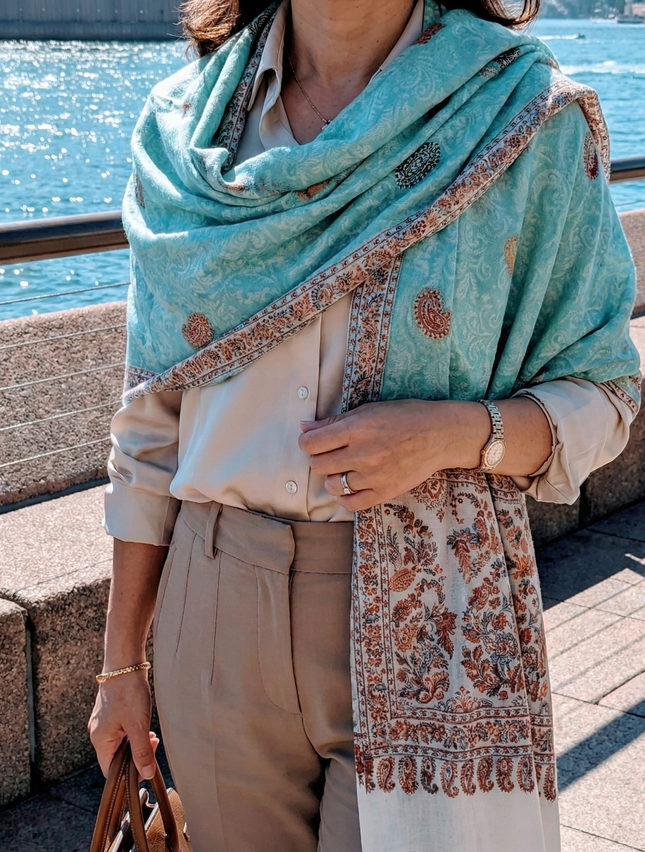 Authentic Cashmere Shawl-Artisanal-Blue Floral Pattern