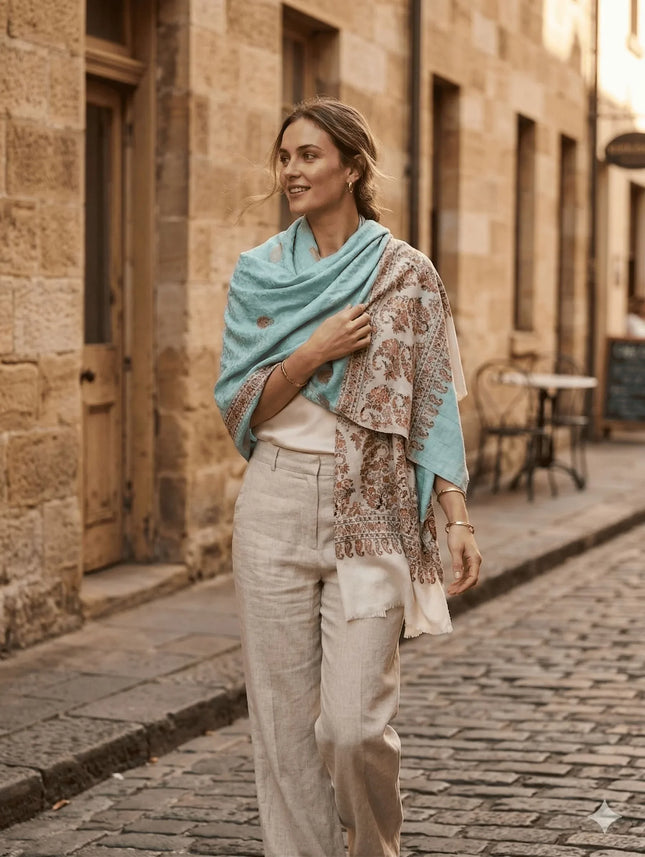 Woman wearing a light blue shawl and patterned top on a cobblestone street.