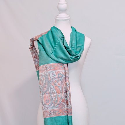 Authentic Cashmere Shawl - Emerald with Ivory Paisley Border - Handmade Indian Artisanal