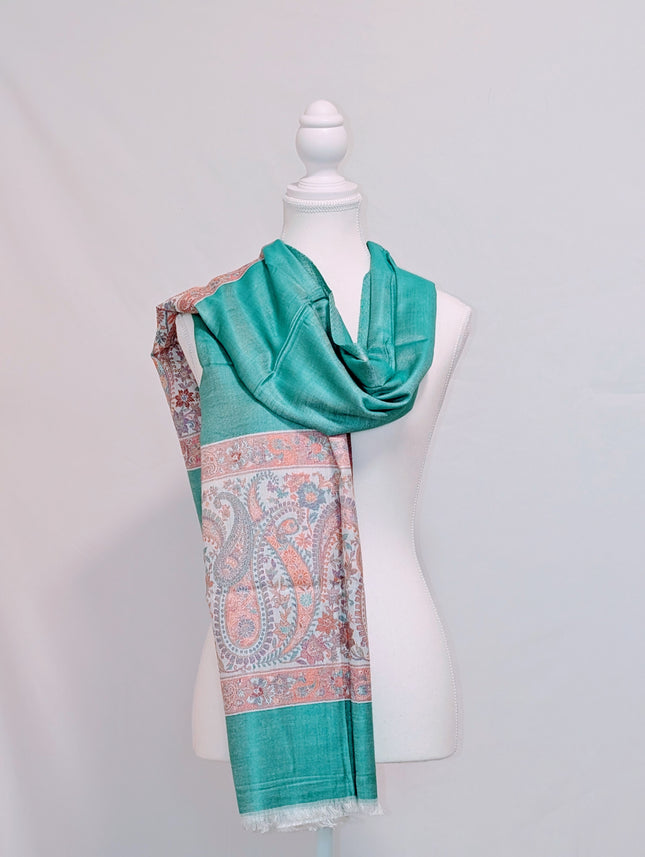 Authentic Cashmere Shawl - Emerald with Ivory Paisley Border - Handmade Indian Artisanal