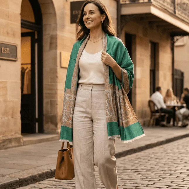 Woman walking on a cobbled street in an urban setting