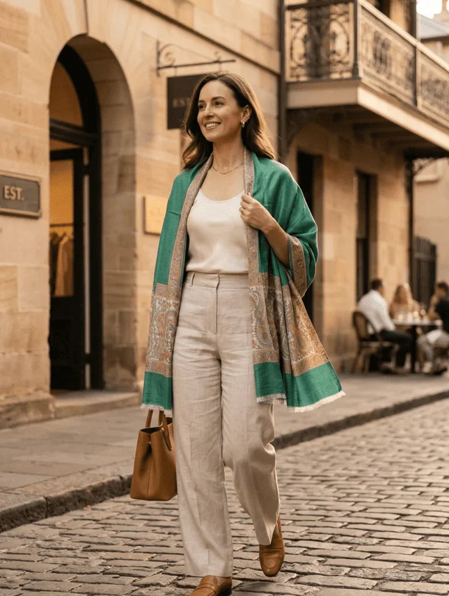 Woman walking on a cobbled street in an urban setting