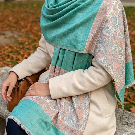 Authentic Cashmere Shawl - Emerald with Ivory Paisley Border - Handmade Indian Artisanal