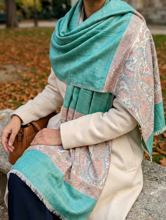 Authentic Cashmere Shawl - Emerald with Ivory Paisley Border - Handmade Indian Artisanal