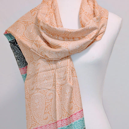 Kashmiri Cashmere Shawl - Saffron Paisley, Multicolour Border | Woven in Kashmir