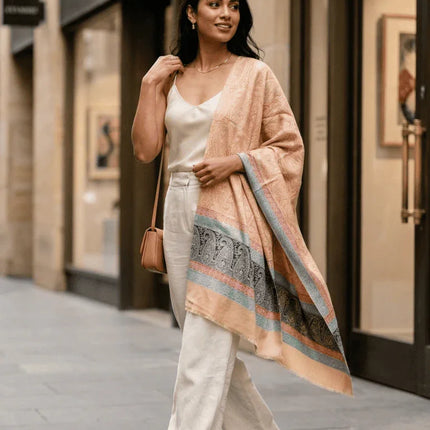 Kashmiri Cashmere Shawl - Saffron Paisley, Multicolour Border | Woven in Kashmir
