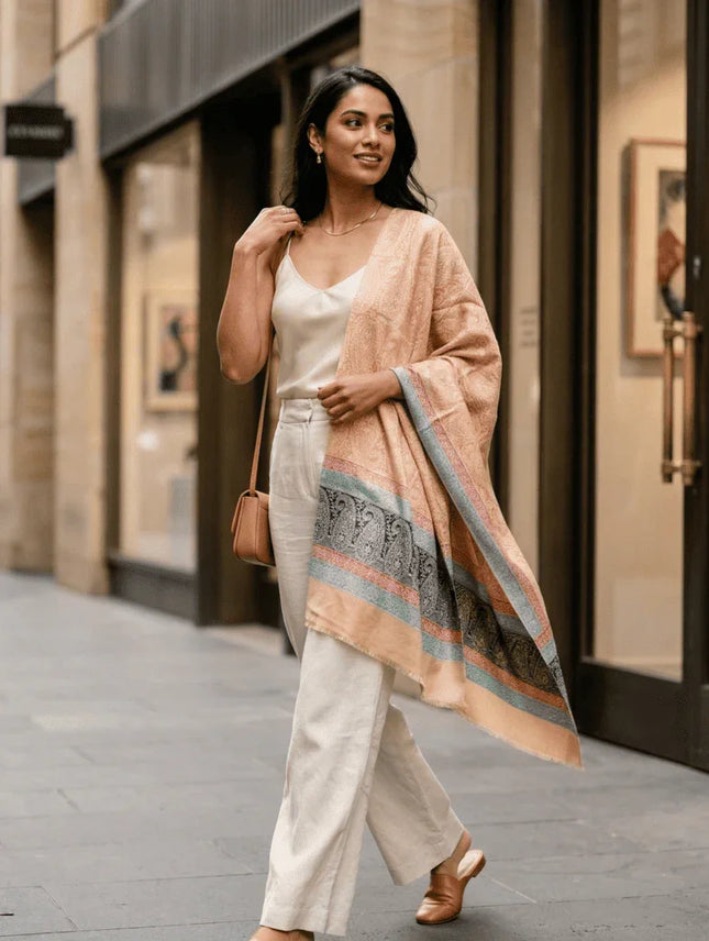 Kashmiri Cashmere Shawl - Saffron Paisley, Multicolour Border | Woven in Kashmir